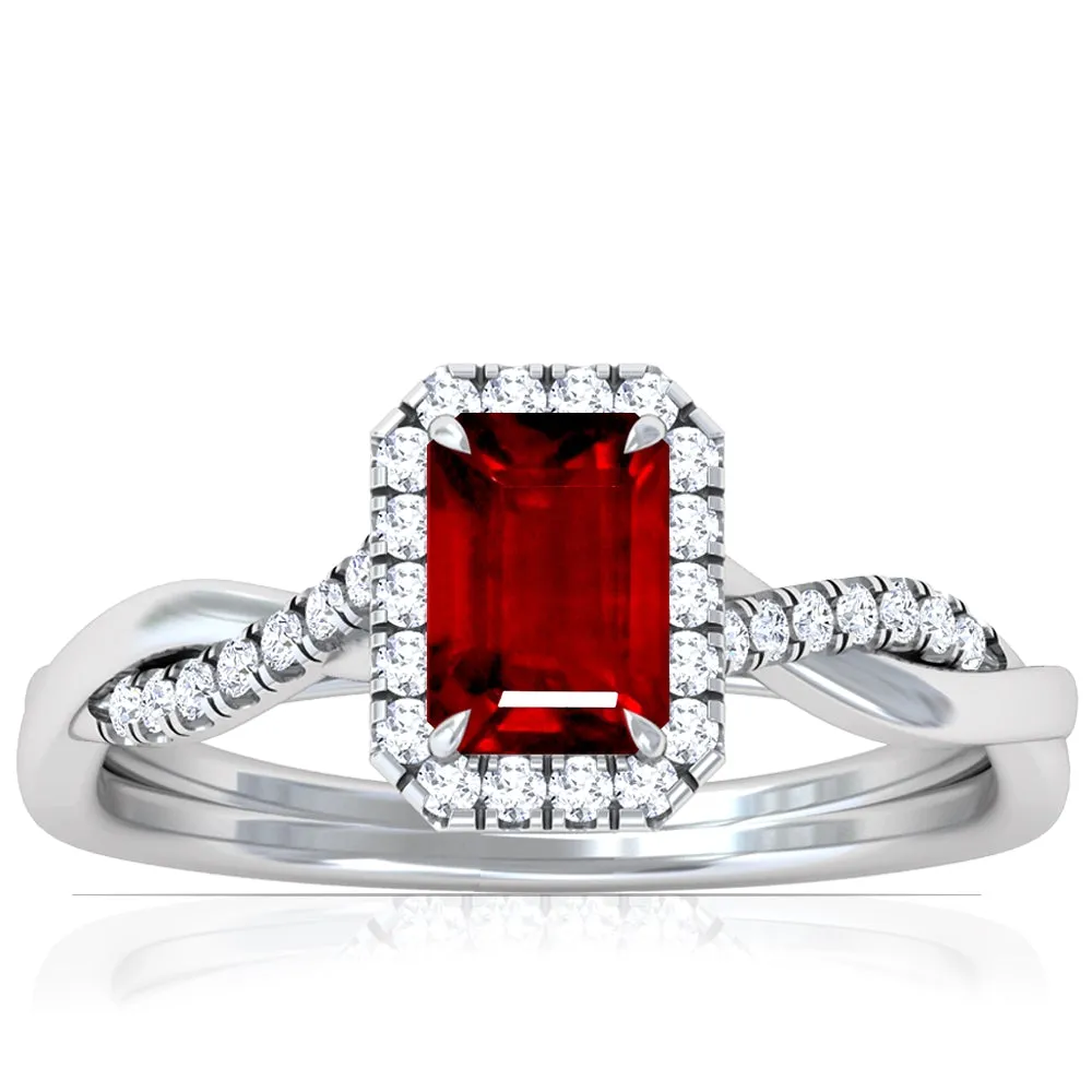 Platinum Emerald Cut Ruby Twisted Ring With Diamond Accents (2.11ctw)