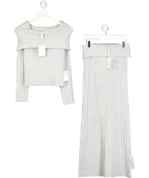 PRETTY LAVISH Grey Petra Bardot Cosy Rib Knit Jumper And Maxi Skirt UK XS
