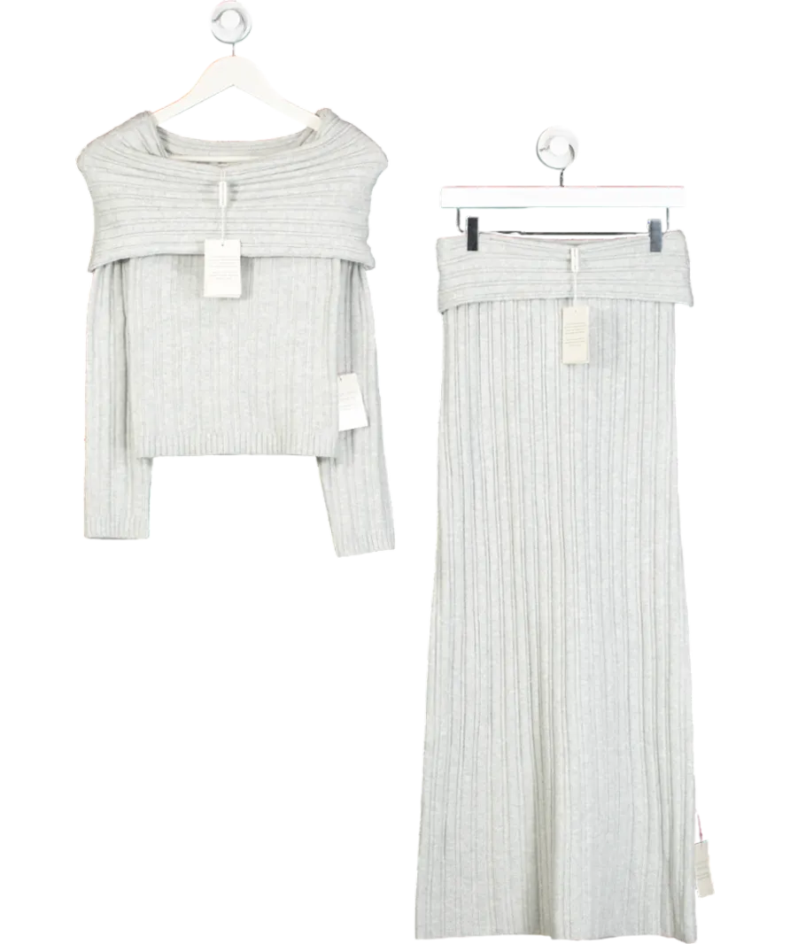 PRETTY LAVISH Grey Petra Bardot Cosy Rib Knit Jumper And Maxi Skirt UK XS