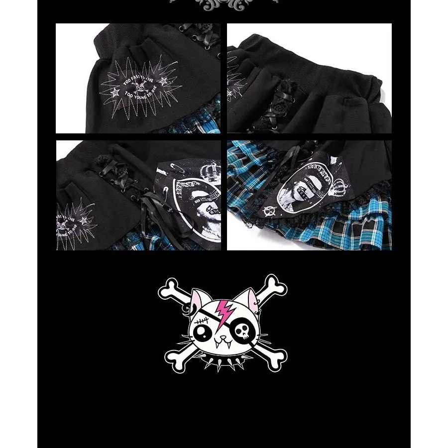 Punk Print Irregular Stitched Lace-up Mini Cake Lolita Skirt