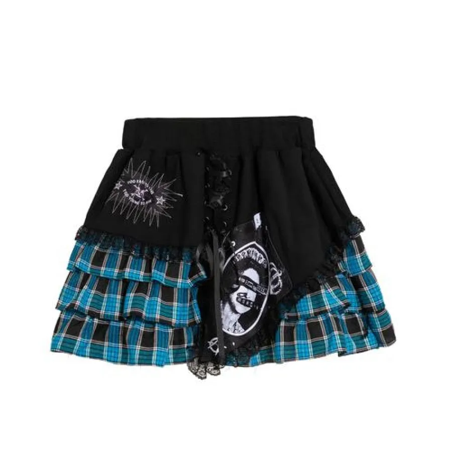 Punk Print Irregular Stitched Lace-up Mini Cake Lolita Skirt
