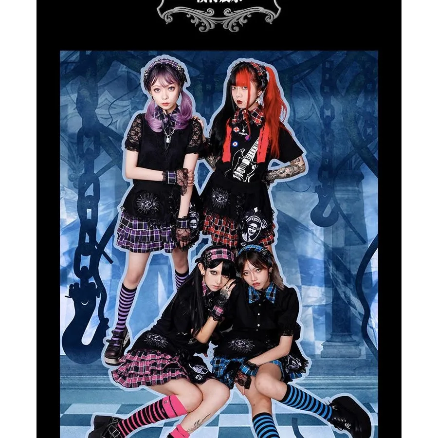 Punk Print Irregular Stitched Lace-up Mini Cake Lolita Skirt