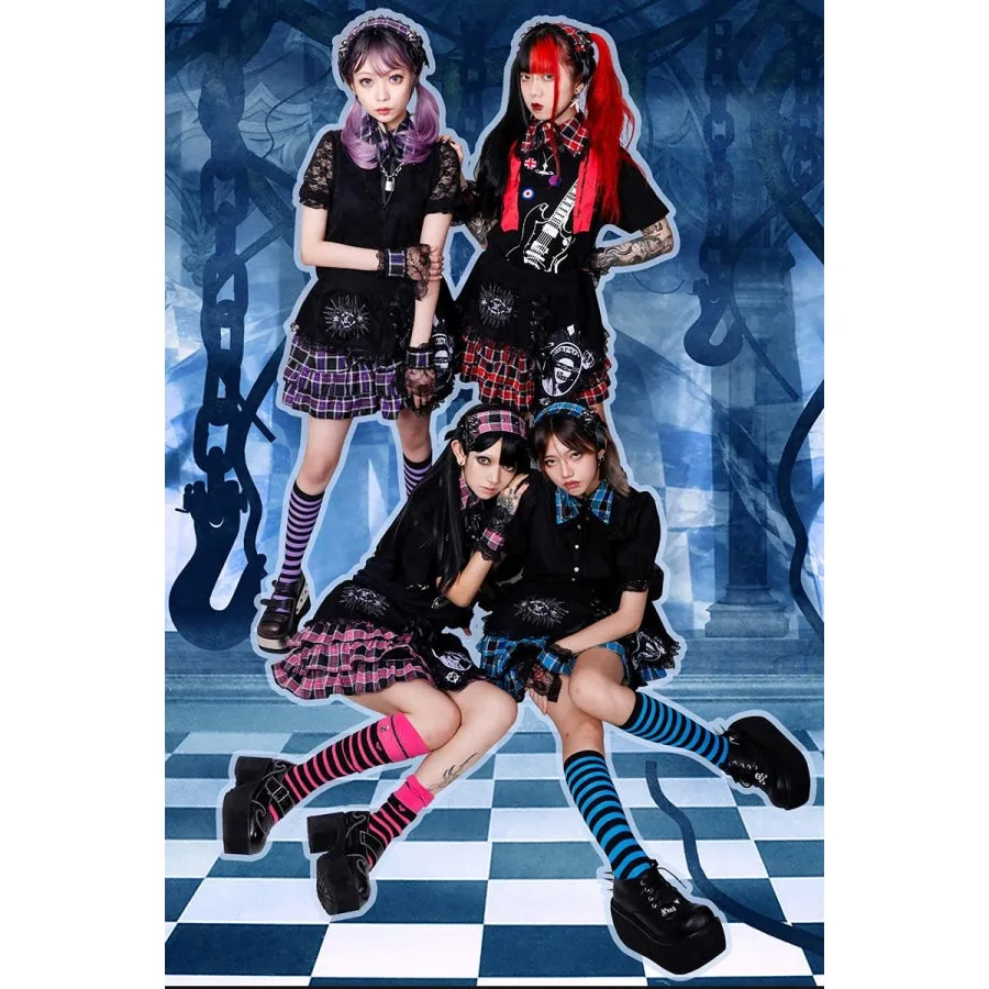 Punk Print Irregular Stitched Lace-up Mini Cake Lolita Skirt