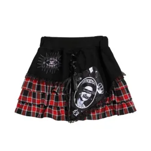 Punk Print Irregular Stitched Lace-up Mini Cake Lolita Skirt