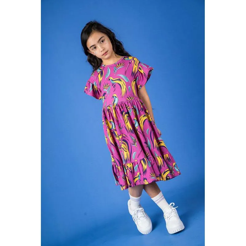 Purple Bird of Paradise Short Sleeve Skater Dress