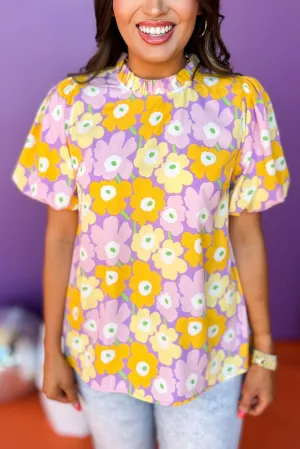 Purple Floral Printed Frilled Neck Short Puff Sleeve Blouse