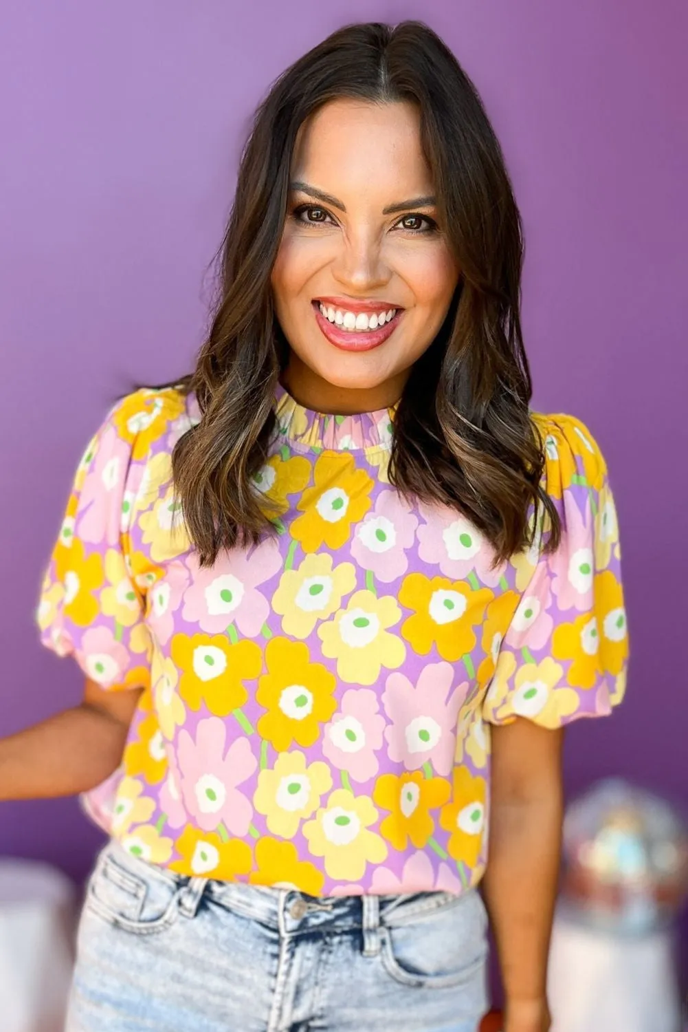 Purple Floral Printed Frilled Neck Short Puff Sleeve Blouse
