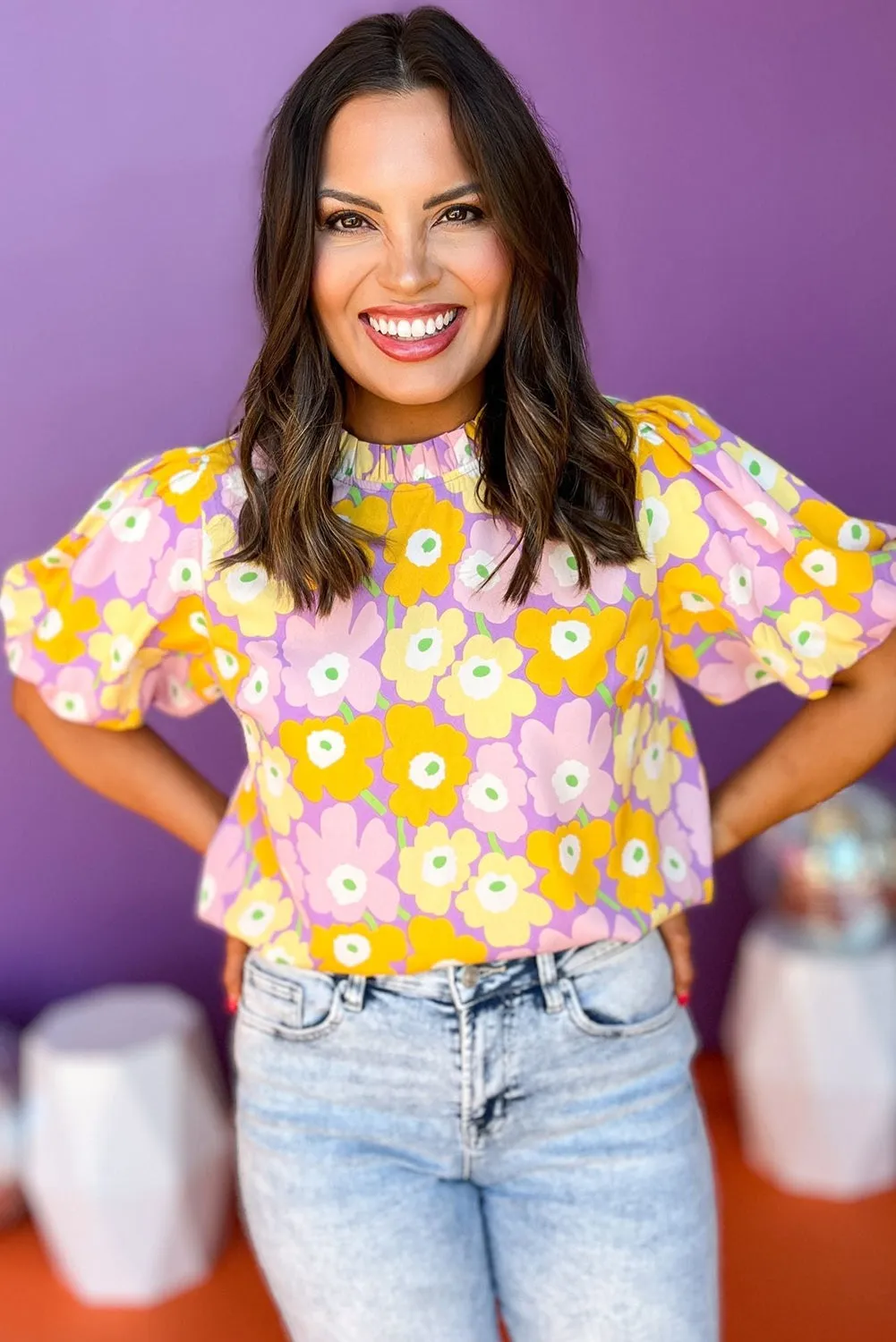 Purple Floral Printed Frilled Neck Short Puff Sleeve Blouse