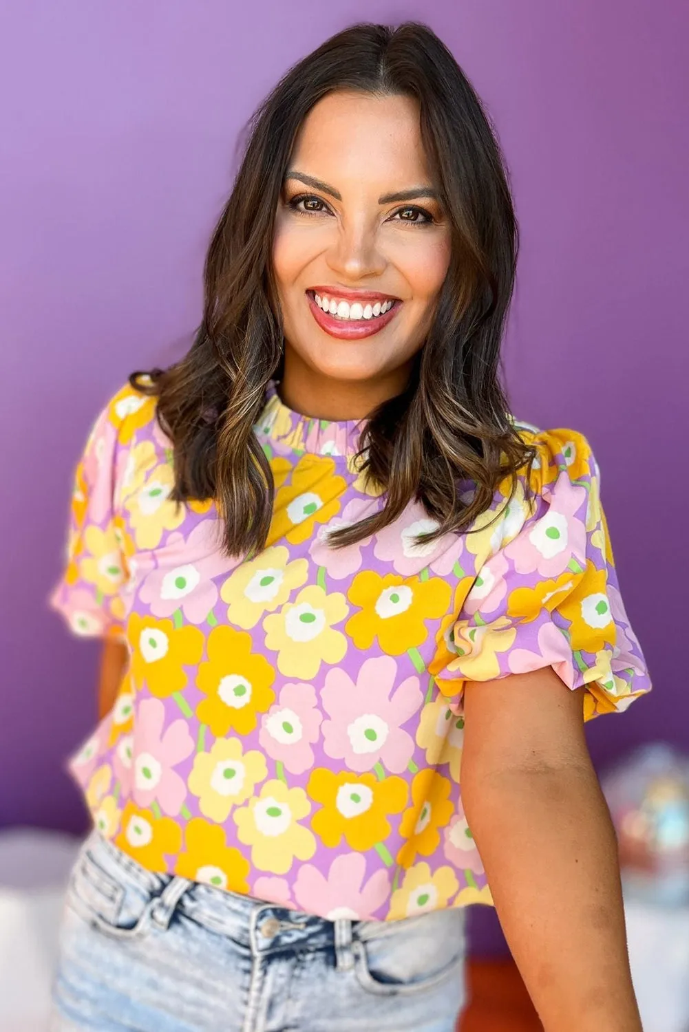 Purple Floral Printed Frilled Neck Short Puff Sleeve Blouse