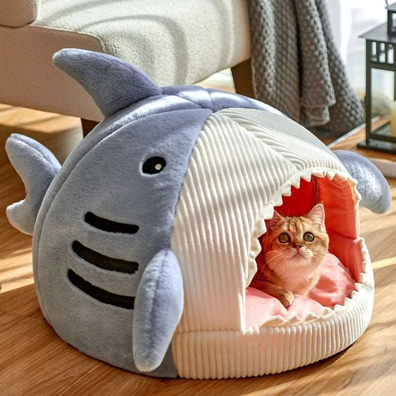 "Cozy & Playful Shark Cat Bed | 100% Cotton & Machine Washable | Available in 3 Sizes for Stress-Free Rest & Better Sleep Patterns"