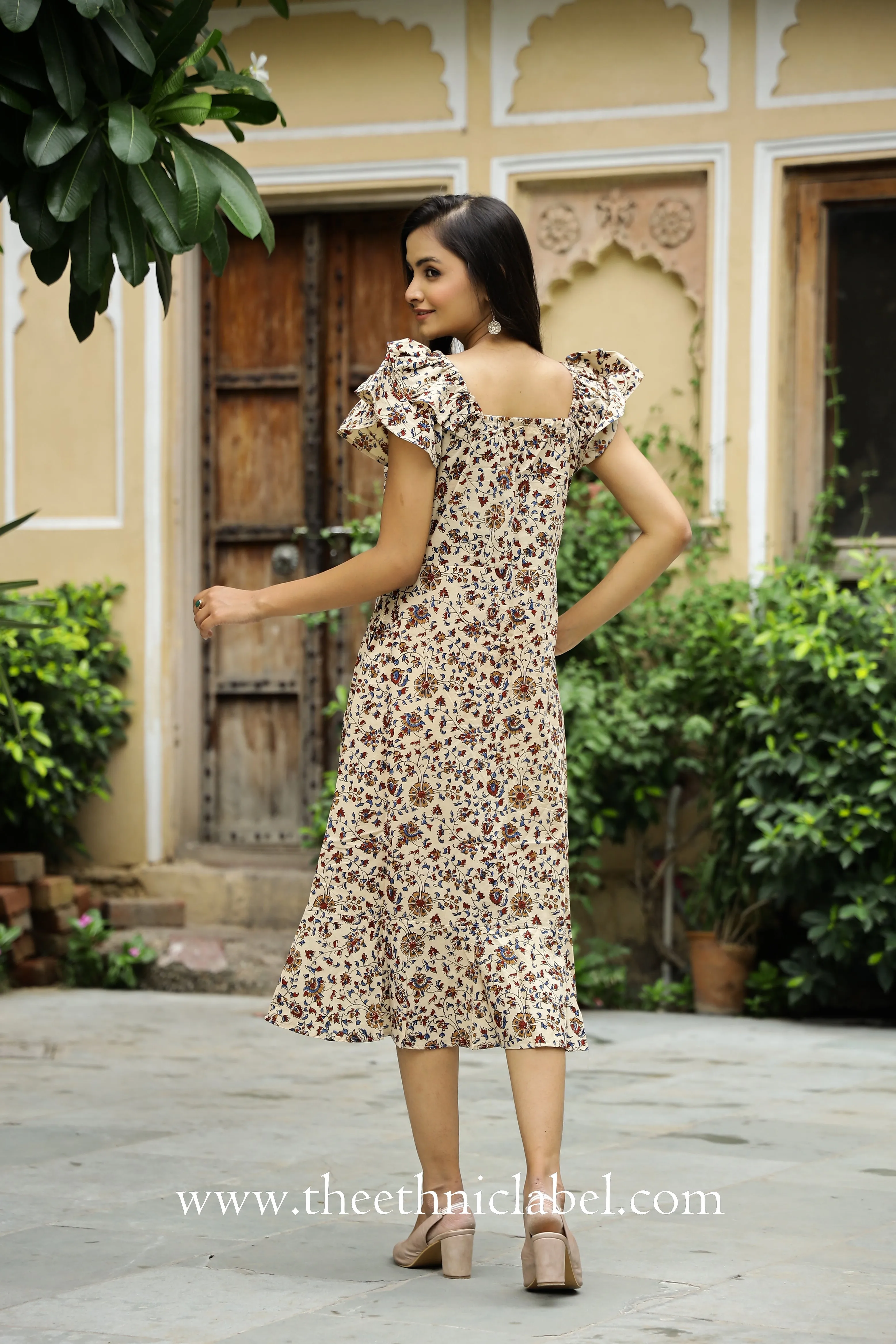 "Erika" Beige Frilled Cotton Dress