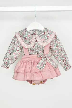 "Rose" Dusky Pink Floral Blouse & Cord Pinafore Skirt