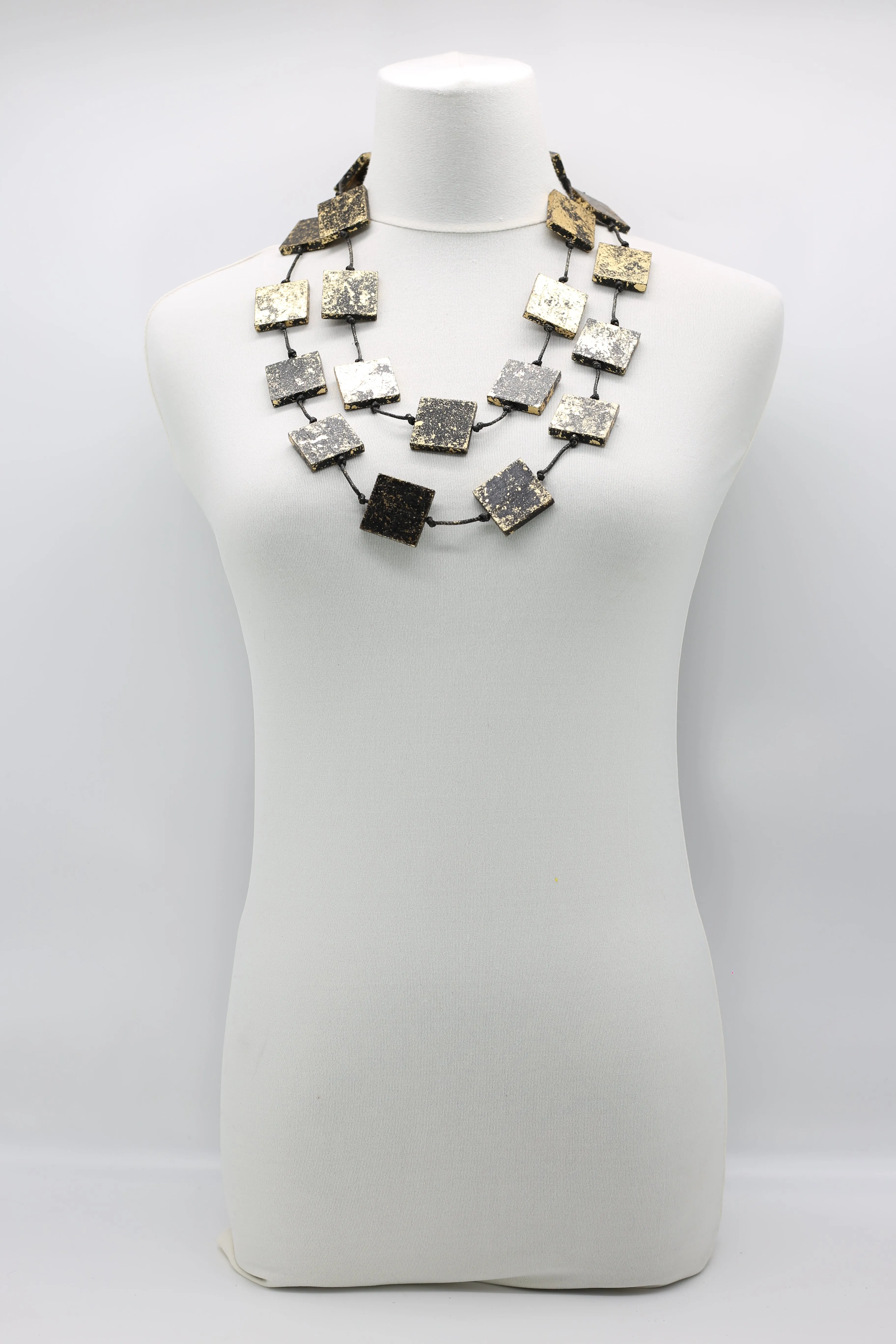 RECYCLED WOOD SQUARES SINGLE STRAND HAND GILDED NECKLACE
