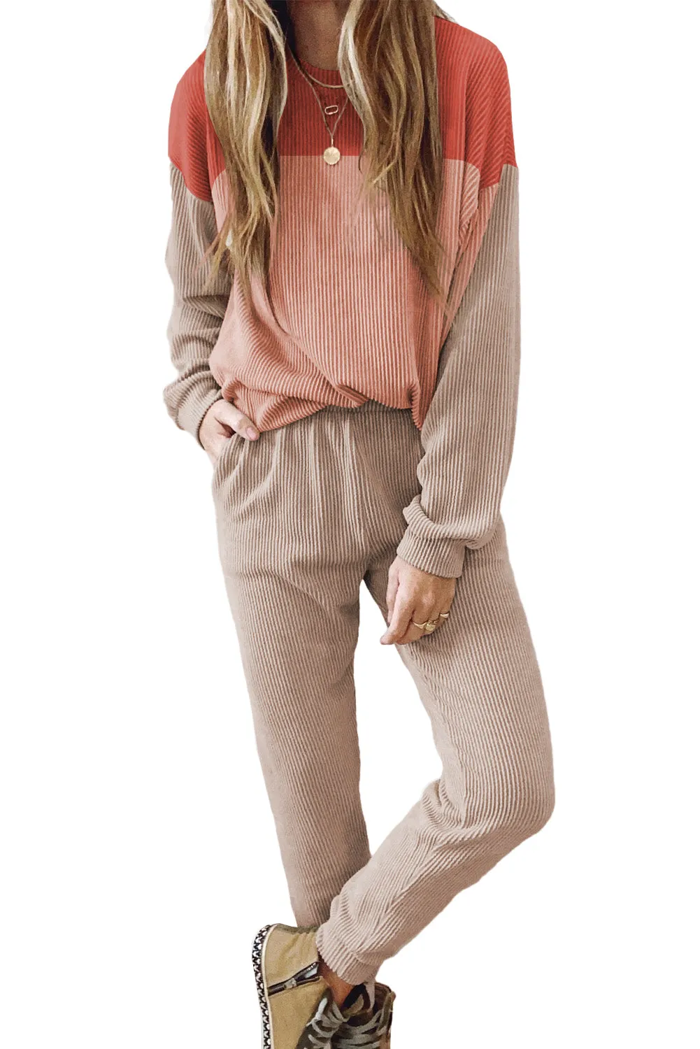 Red Colorblock Corded 2pcs Slouchy Pants Outfit