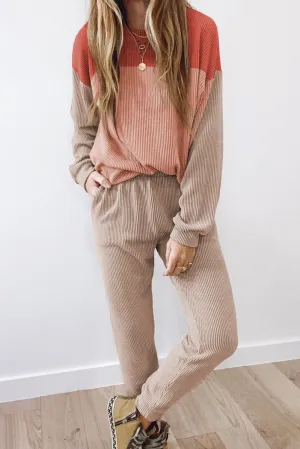 Red Colorblock Corded 2pcs Slouchy Pants Outfit