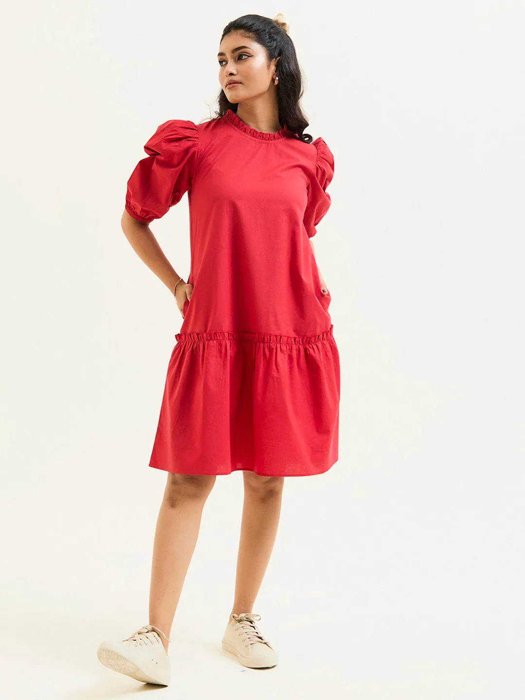 Red Cotton A-line Short Dress