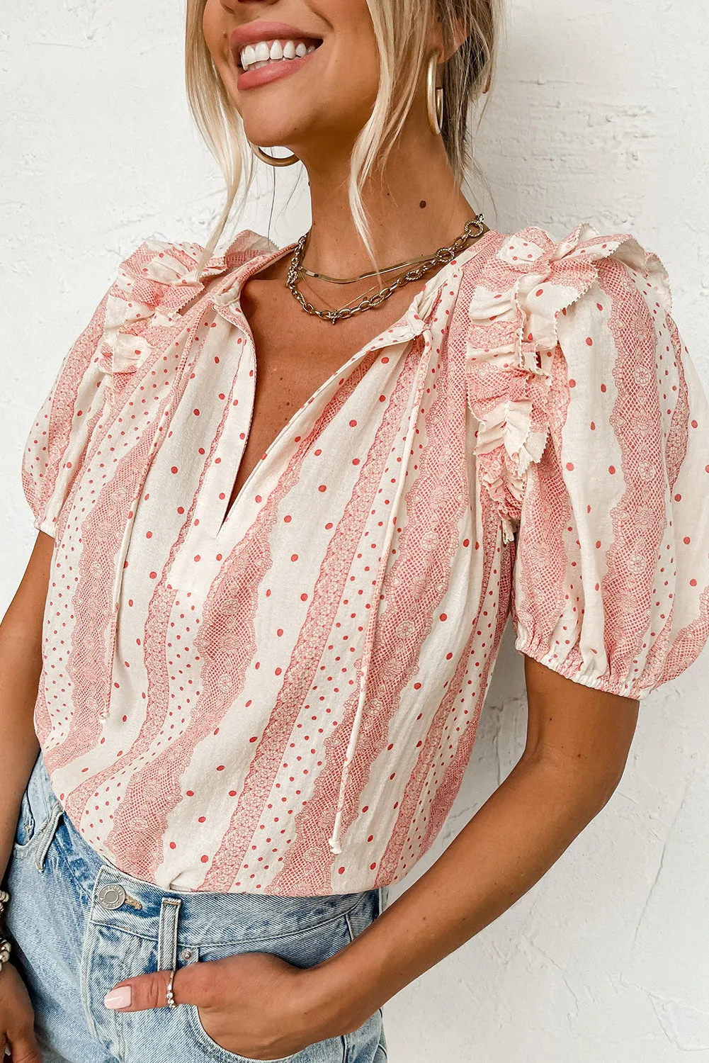 Red Frilled Short Puff Sleeve Mixed Print Blouse