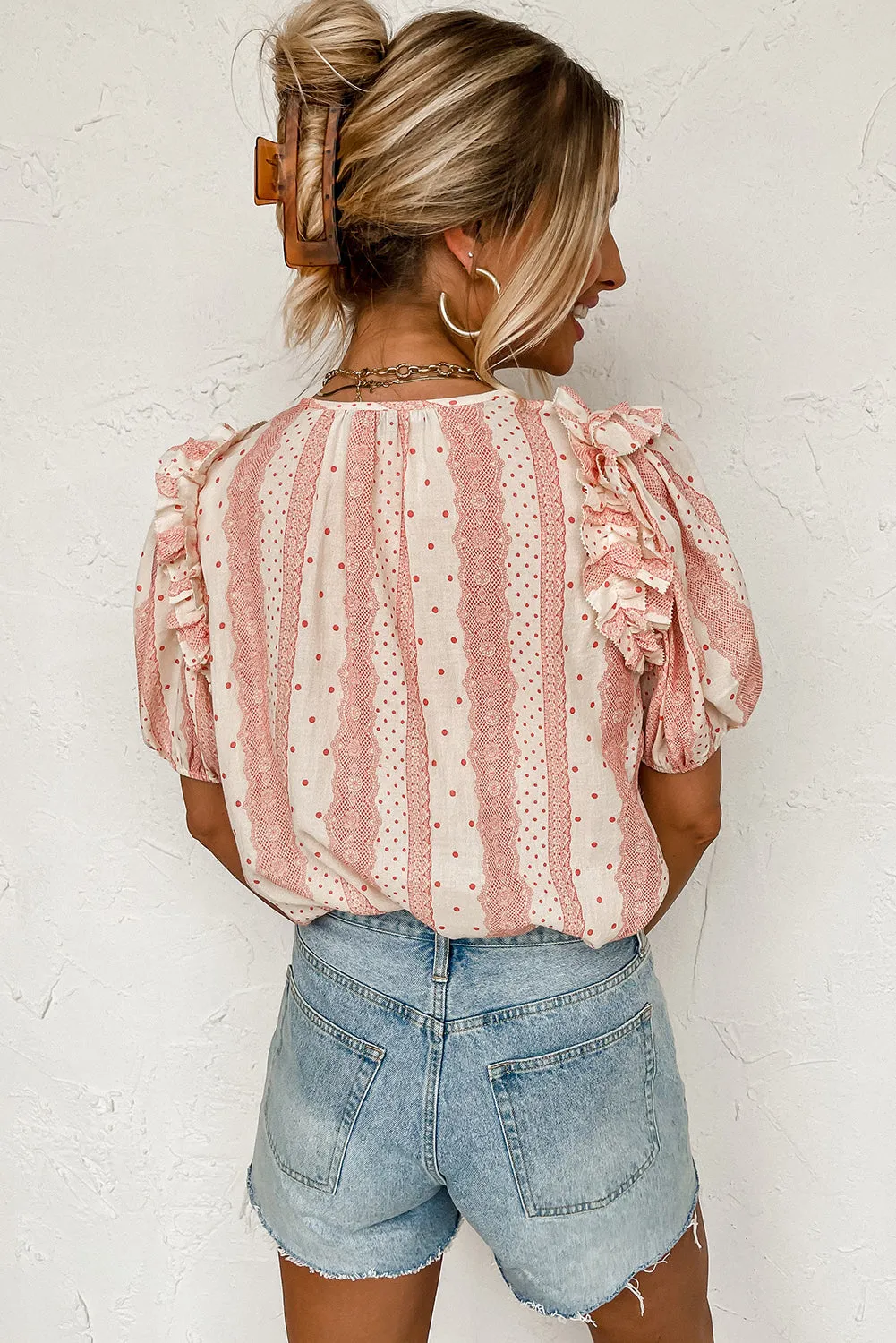 Red Frilled Short Puff Sleeve Mixed Print Blouse