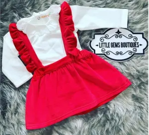 Red Velour Frilled Dungarees Skirt Set