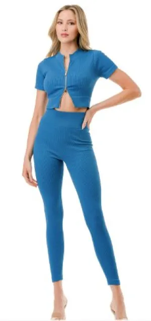 Ribbed 2 Way Zip Set Blue