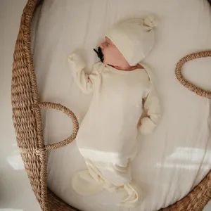 Ribbed Knotted Baby Gown   Beanie Set-Ivory