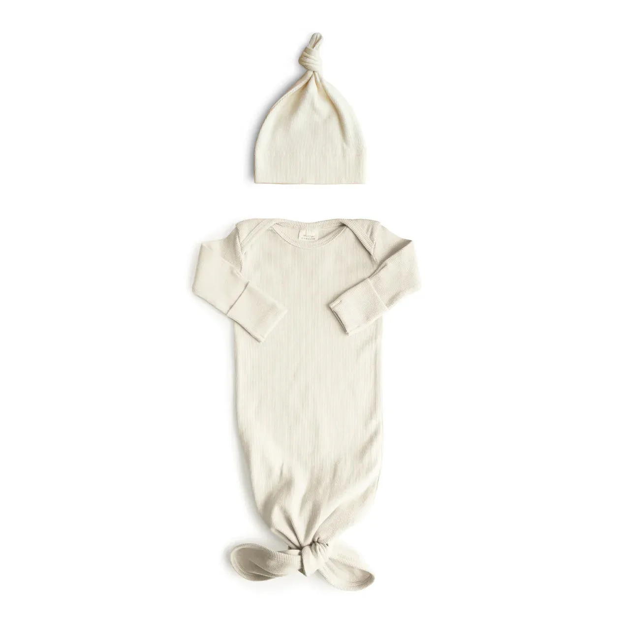 Ribbed Knotted Baby Gown   Beanie Set-Ivory