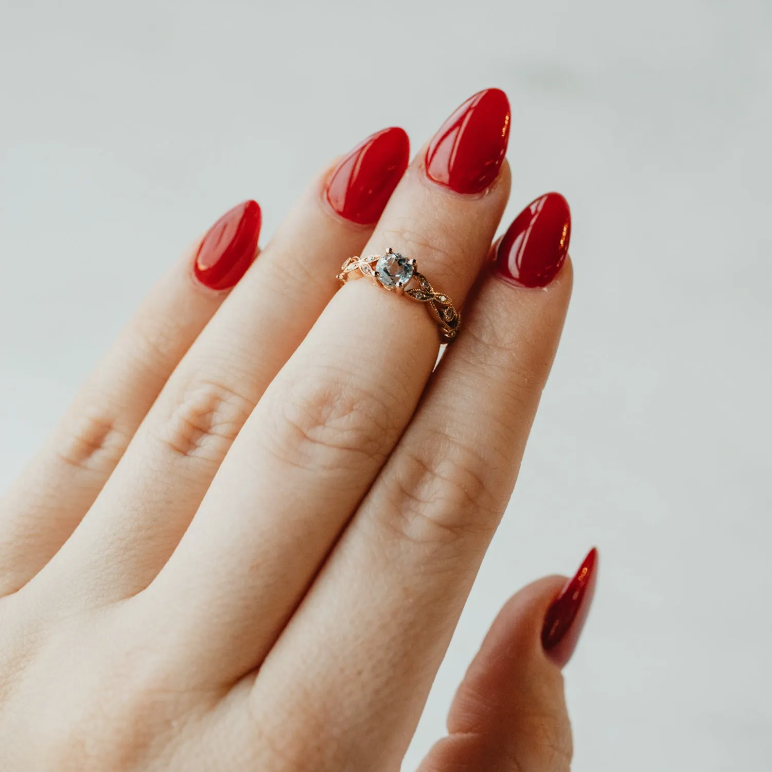 Rose Gold Natural Aquamarine and Moissanite Twisted Shank Ring