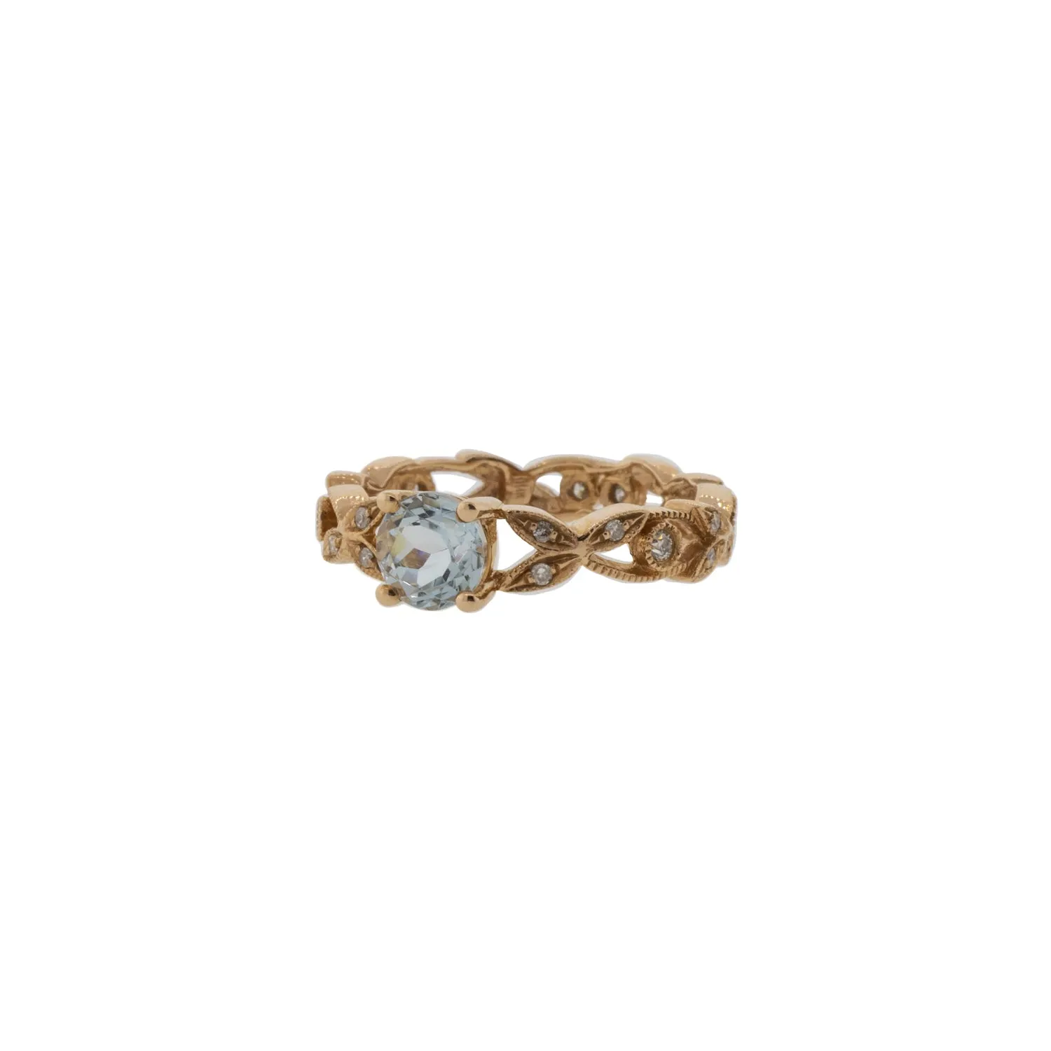 Rose Gold Natural Aquamarine and Moissanite Twisted Shank Ring