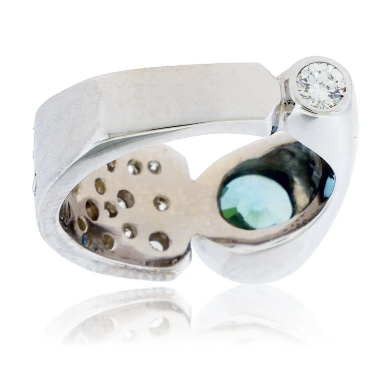 Round Blue Zircon, Diamond Flush Set, Barrel Style Ring