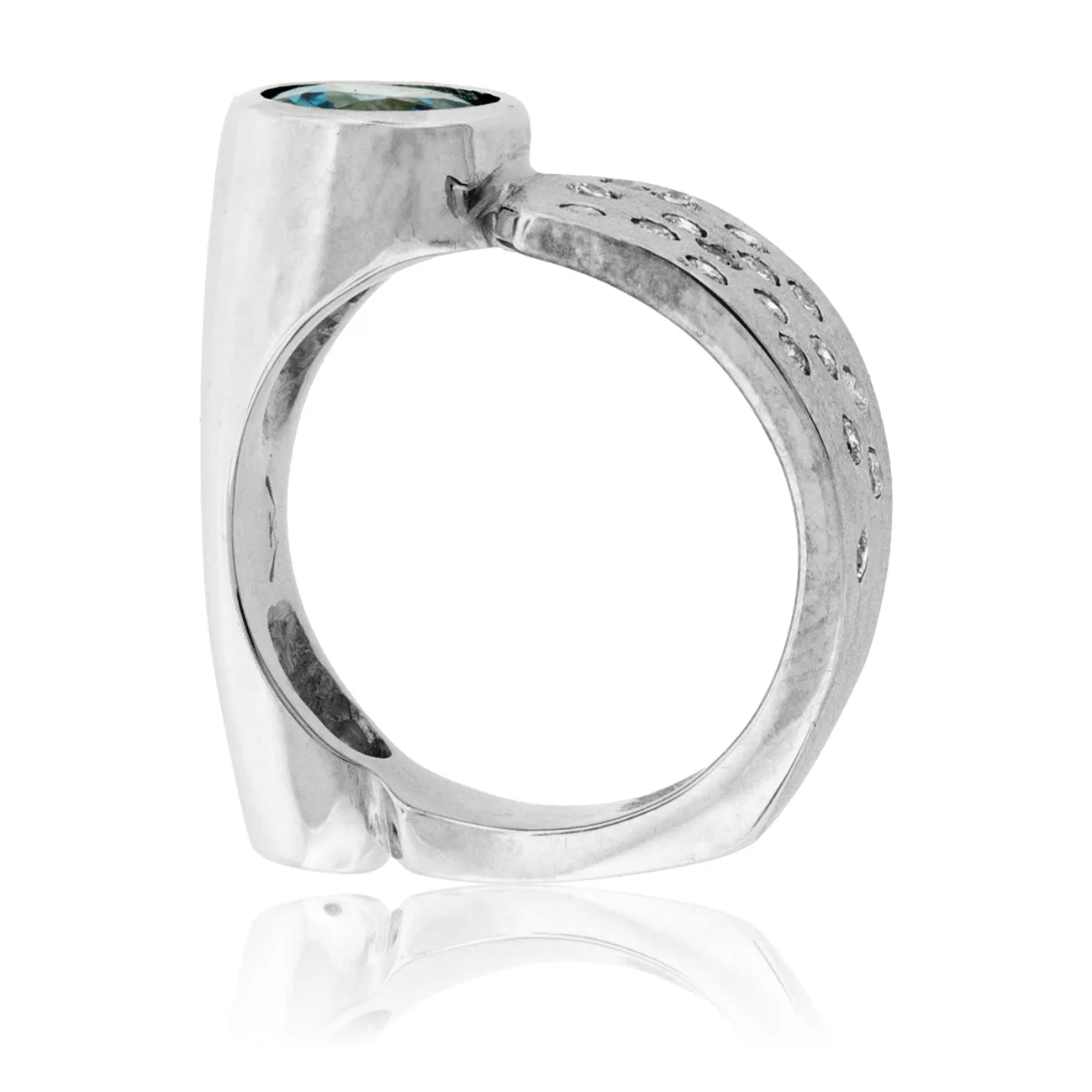 Round Blue Zircon, Diamond Flush Set, Barrel Style Ring