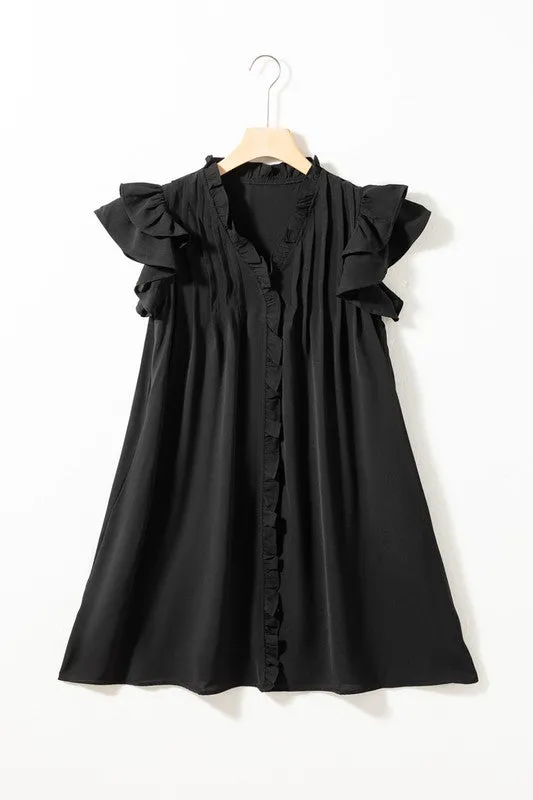 Ruffle Sleeve V neck Green, Black dress w/ pocket