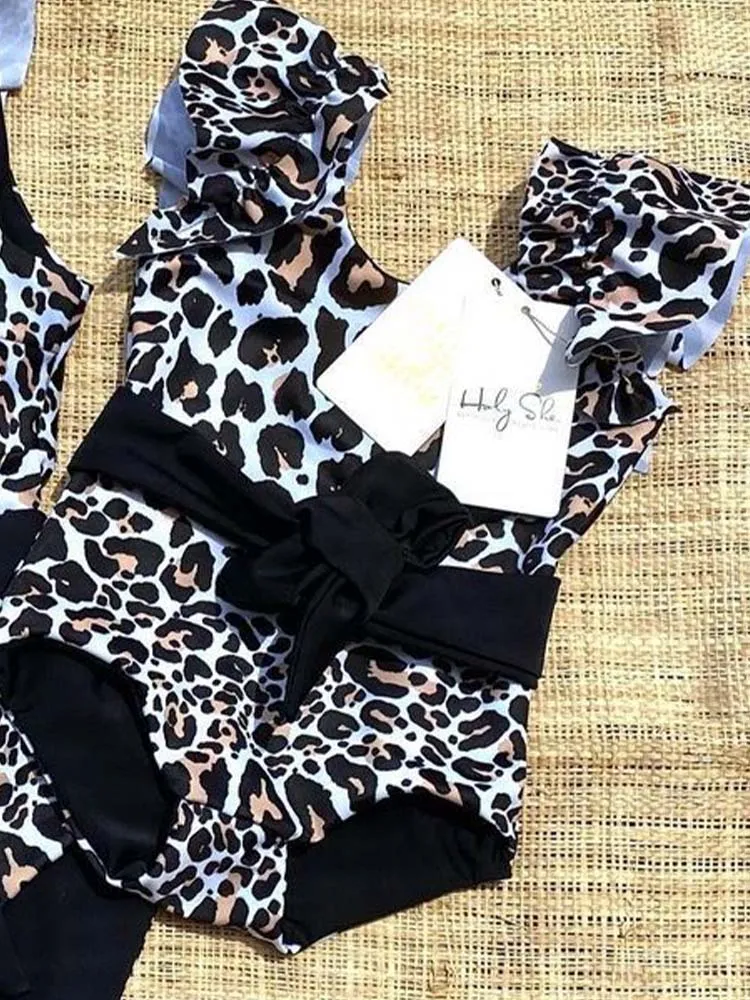 Ruffled One Piece Black and White Animal Print Swim Suit