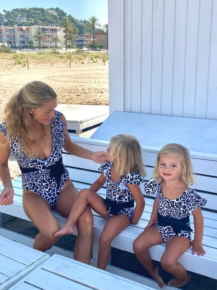 Ruffled One Piece Black and White Animal Print Swim Suit
