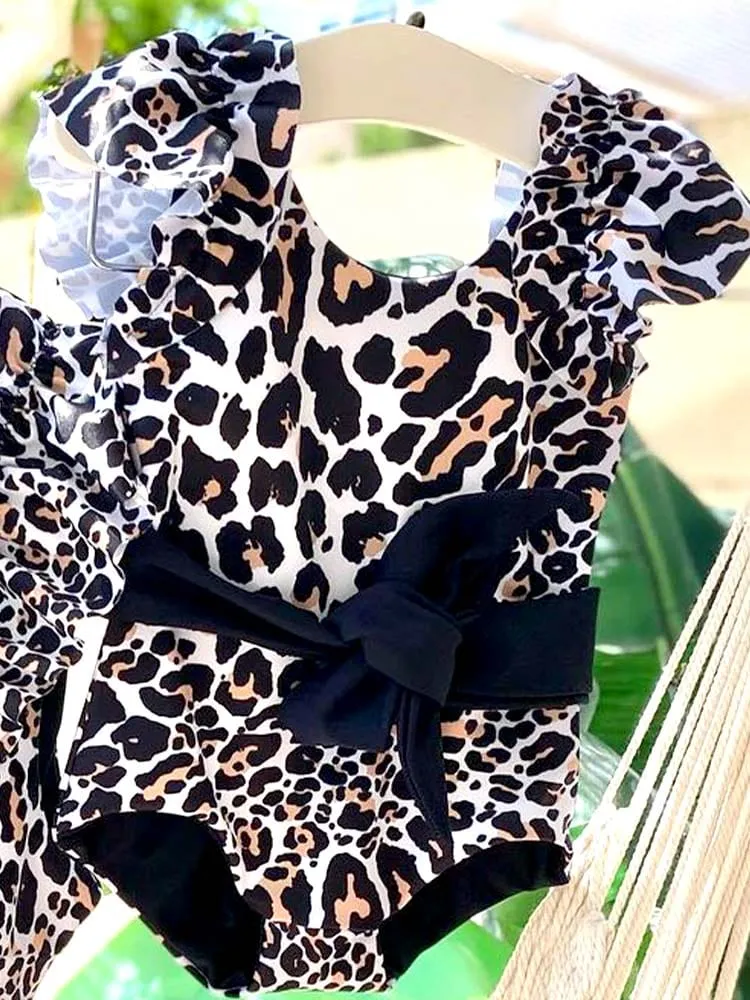 Ruffled One Piece Black and White Animal Print Swim Suit