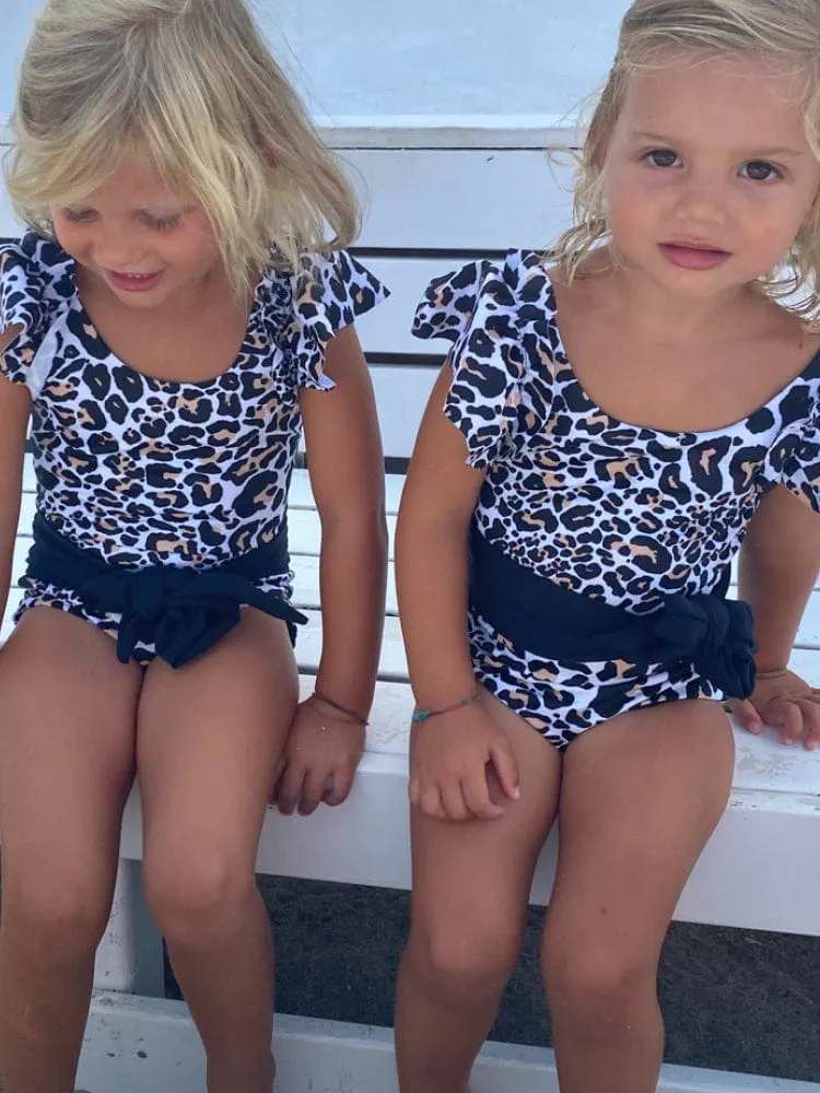 Ruffled One Piece Black and White Animal Print Swim Suit
