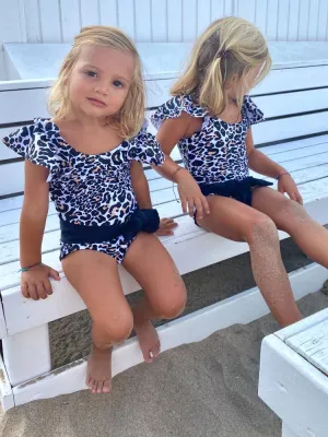 Ruffled One Piece Black and White Animal Print Swim Suit