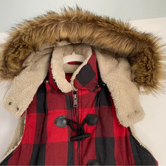 Saks Fifth Avenue Buffalo Check‎ Faux Fur Removable Hooded Vest - Size Medium
