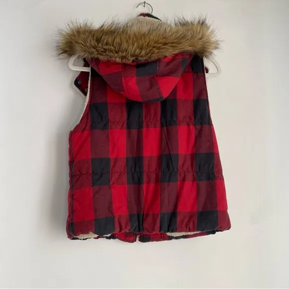 Saks Fifth Avenue Buffalo Check‎ Faux Fur Removable Hooded Vest - Size Medium