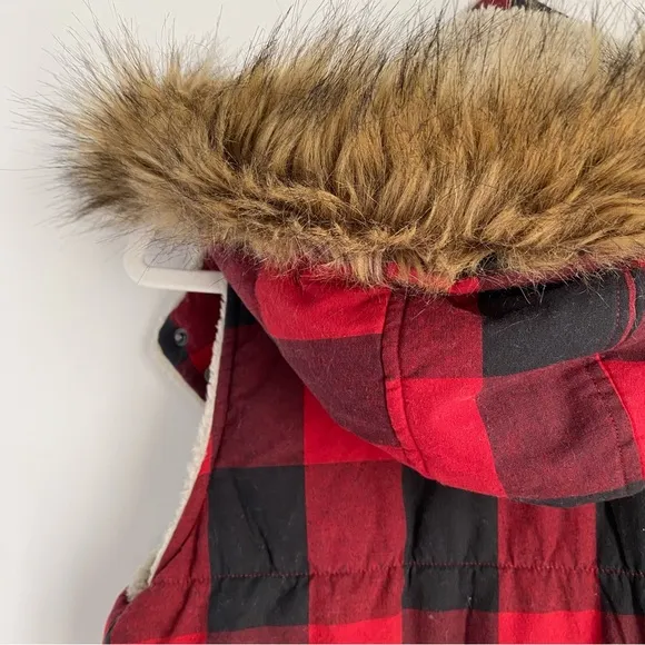 Saks Fifth Avenue Buffalo Check‎ Faux Fur Removable Hooded Vest - Size Medium