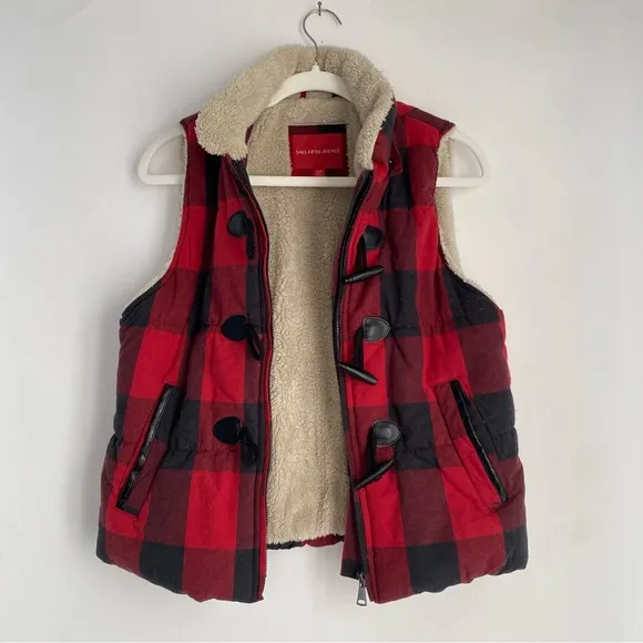 Saks Fifth Avenue Buffalo Check‎ Faux Fur Removable Hooded Vest - Size Medium