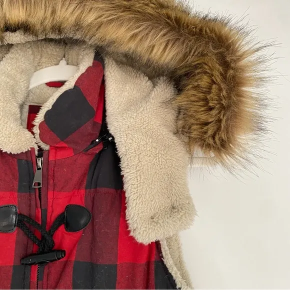 Saks Fifth Avenue Buffalo Check‎ Faux Fur Removable Hooded Vest - Size Medium