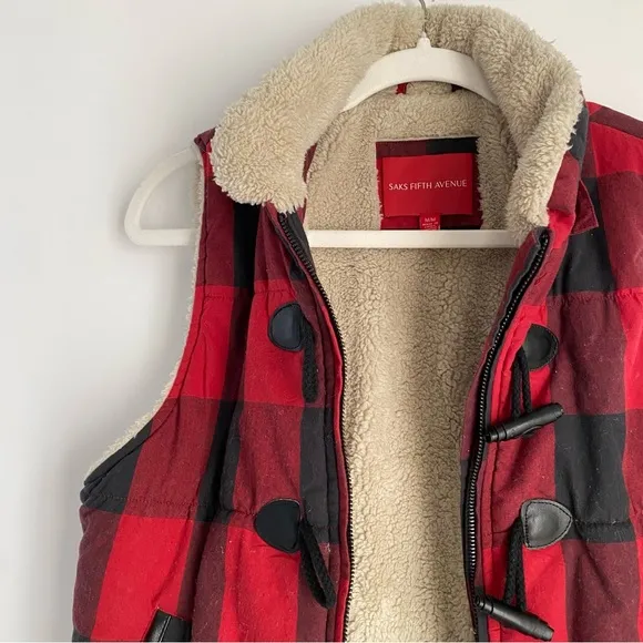 Saks Fifth Avenue Buffalo Check‎ Faux Fur Removable Hooded Vest - Size Medium