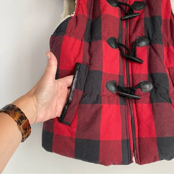 Saks Fifth Avenue Buffalo Check‎ Faux Fur Removable Hooded Vest - Size Medium