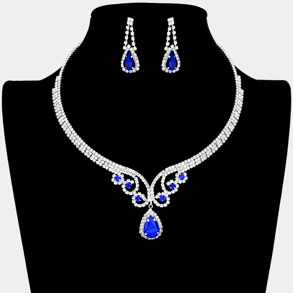 Sapphire Teardrop Rhinestone Accented Evening Necklace  | Pageant Necklace | 541156