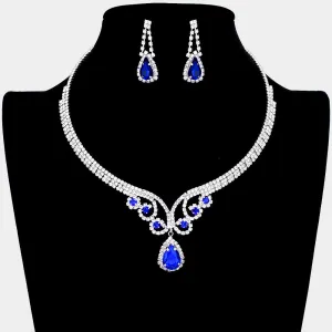 Sapphire Teardrop Rhinestone Accented Evening Necklace  | Pageant Necklace | 541156