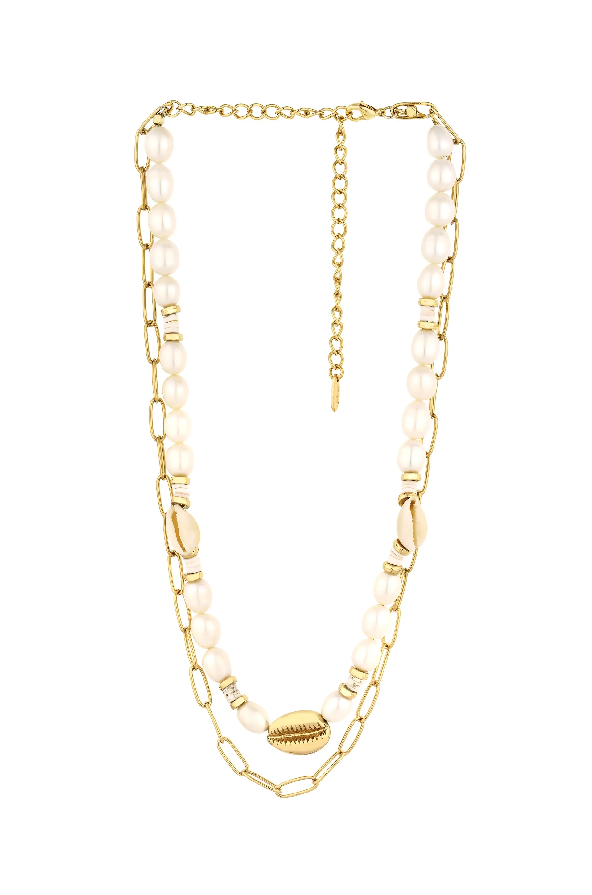 Sea Siren Pearl, Shell, and 18k Gold Plated Chain Link Layered Necklace
