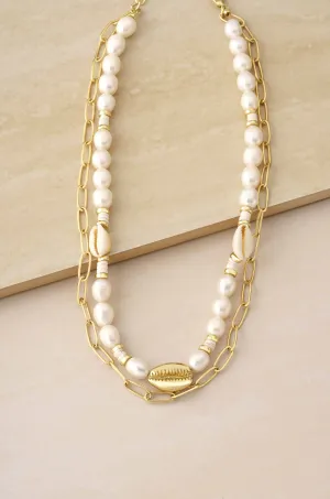 Sea Siren Pearl, Shell, and 18k Gold Plated Chain Link Layered Necklace