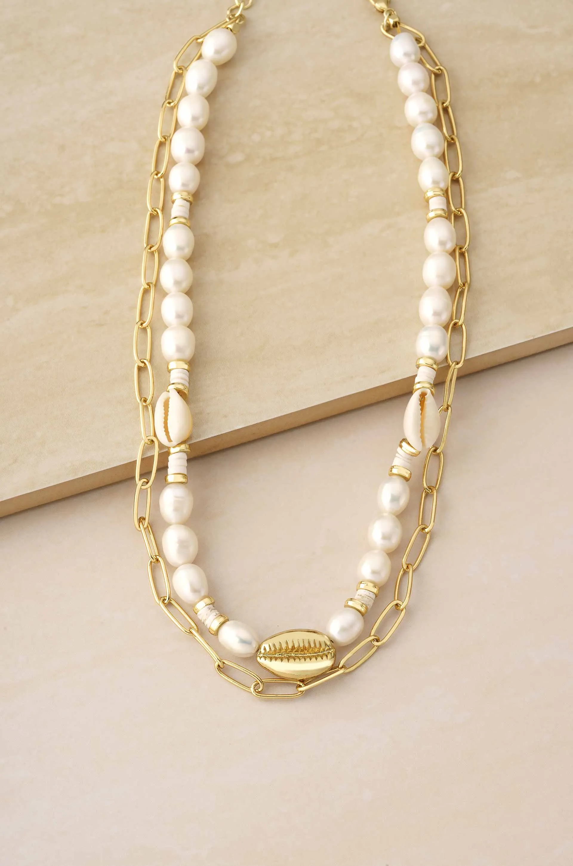 Sea Siren Pearl, Shell, and 18k Gold Plated Chain Link Layered Necklace