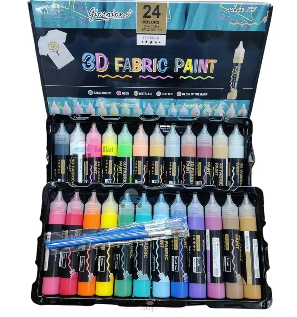 Set Of 24 Non-Toxic 3D Fabric Paint Colors