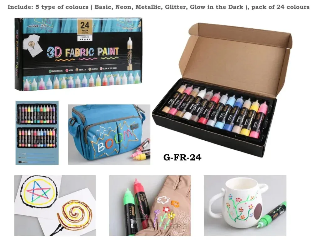 Set Of 24 Non-Toxic 3D Fabric Paint Colors
